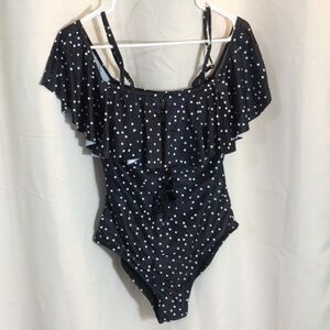 NEW Tempt Me Swimsuit Navy Polka Dot One Piece Off Shoulder Ruffle Neck Medium